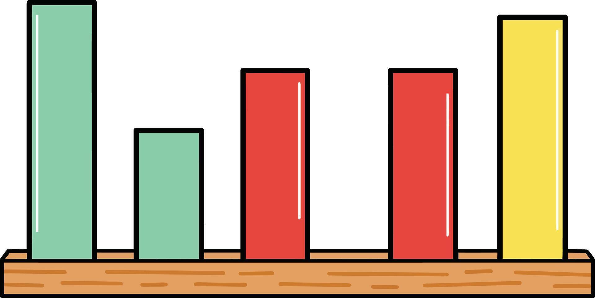 Colorful bar chart infographic with green, red, and yellow bars on wooden base for data visualization and analysis vector