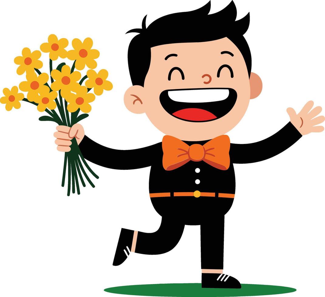 Young boy happily running with yellow flowers bouquet dressed in black suit and orange bowtie cheerful moment vector