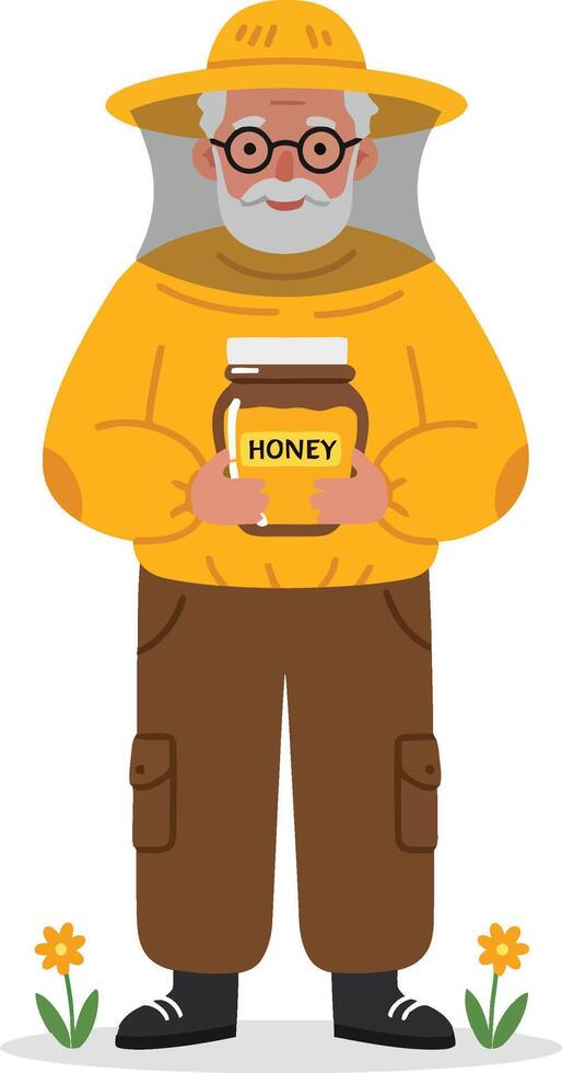 Elderly man holding jar of honey in yellow sweater and hat with glasses standing on grass with flowers vector