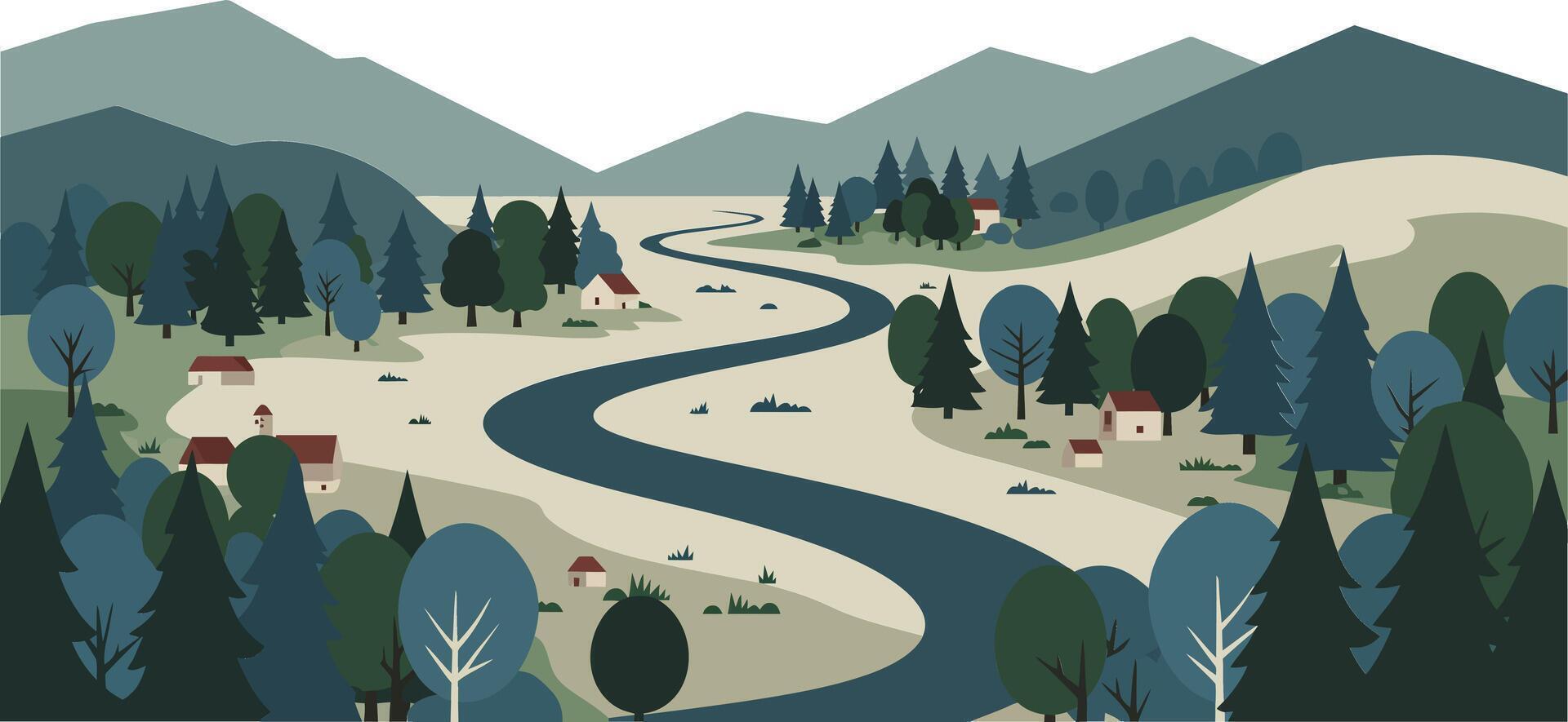 Serene mountain landscape with winding river and scattered cottages in muted blue and green tones vector