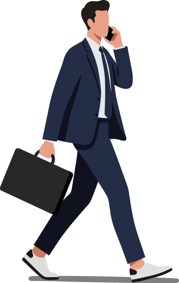 Businessman walking and talking on phone with briefcase in formal suit and sneakers illustration vector