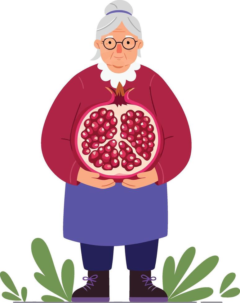 Elderly woman holding red pomegranate with gray hair and glasses standing on grass outdoor in simple style vector