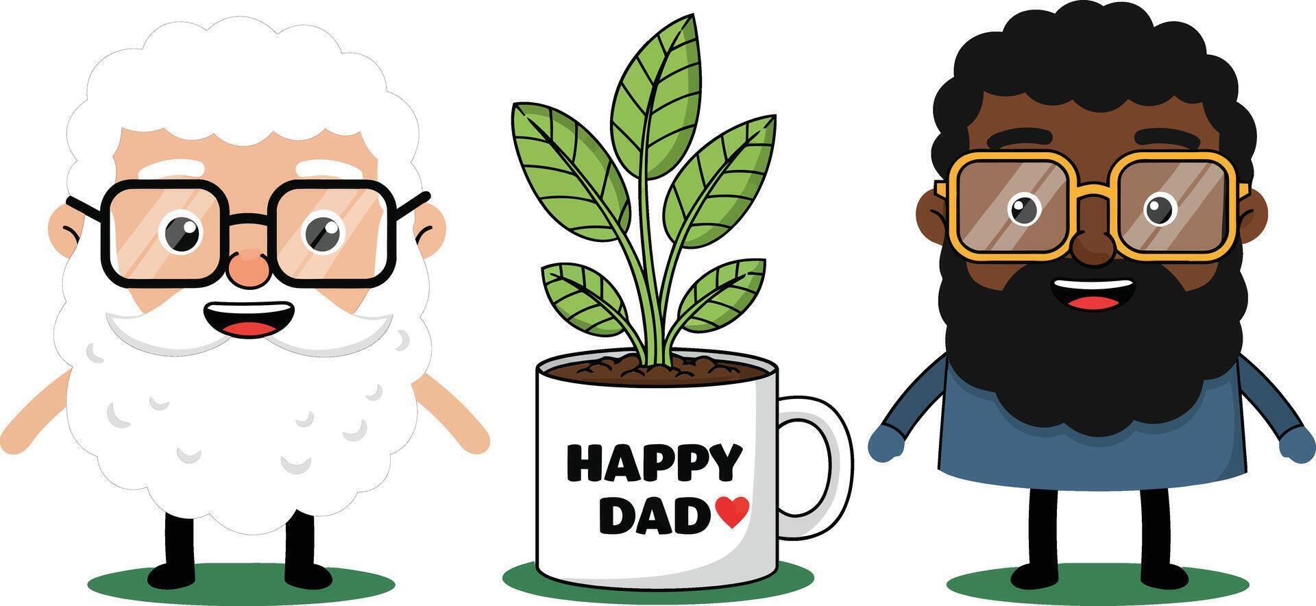 Cute Cartoon Characters with Happy Dad Mug and Green Leaves Illustration for Father Day Celebration vector