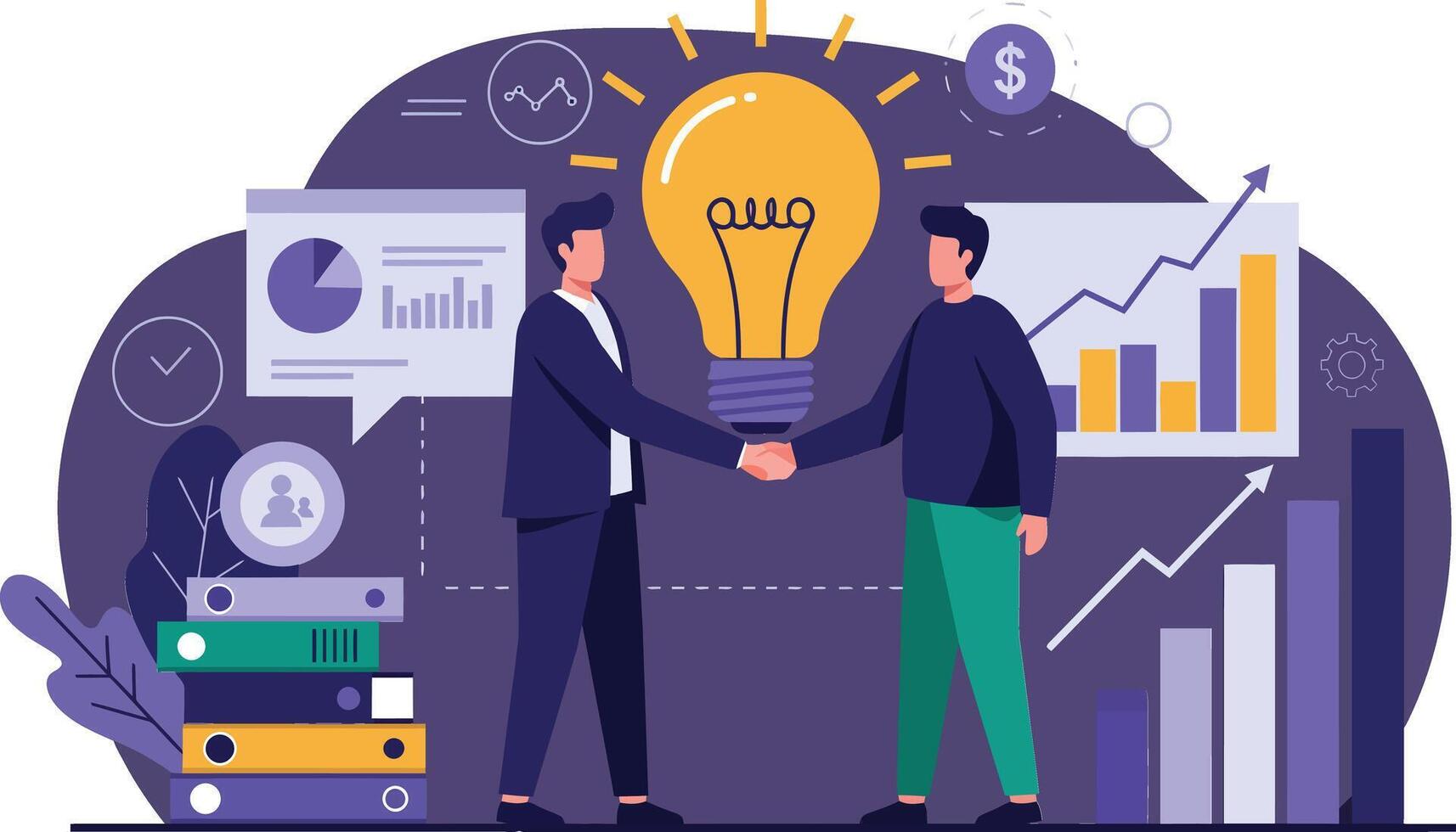 Business partners shaking hands with light bulb idea concept and financial growth graph success teamwork illustration vector