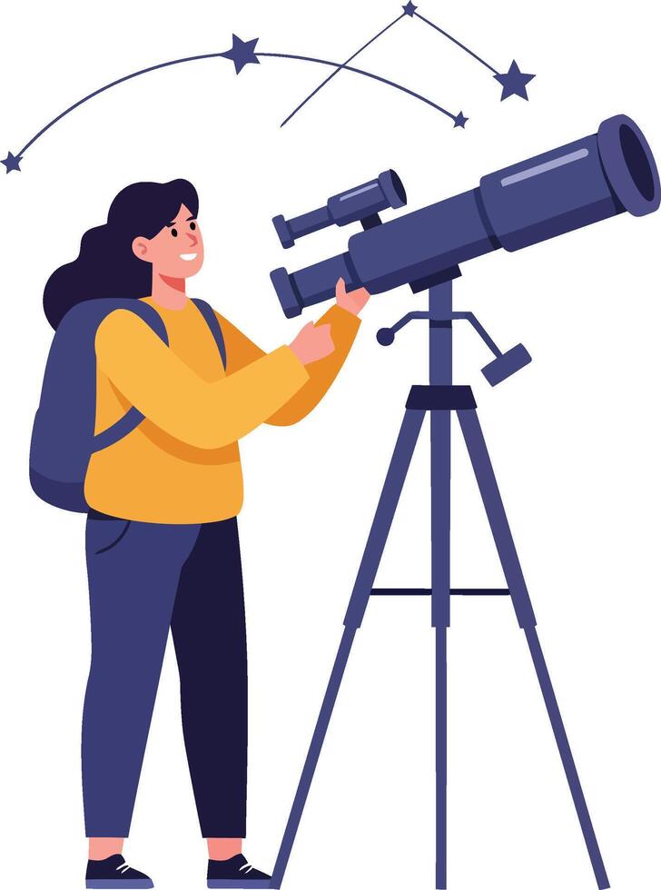 Woman observing stars through telescope astronomy hobby night sky exploration with backpack vector
