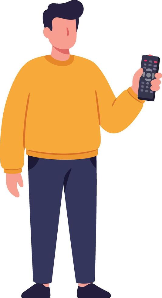 Man holding smartphone wearing orange sweater and dark pants standing isolated on white background digital illustration vector