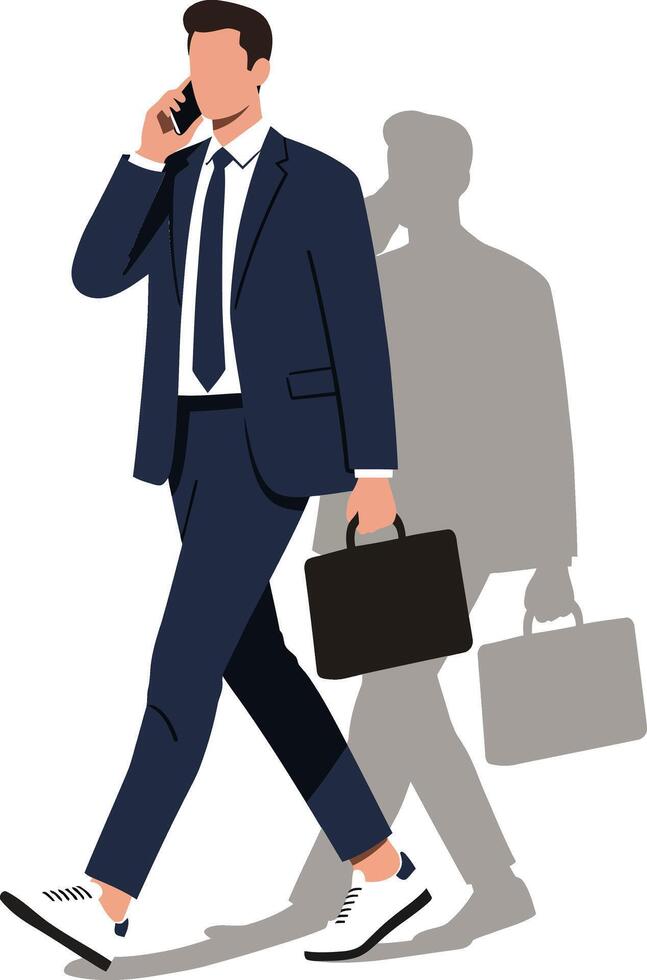 Businessman walking and talking on phone holding briefcase in navy suit and white sneakers vector