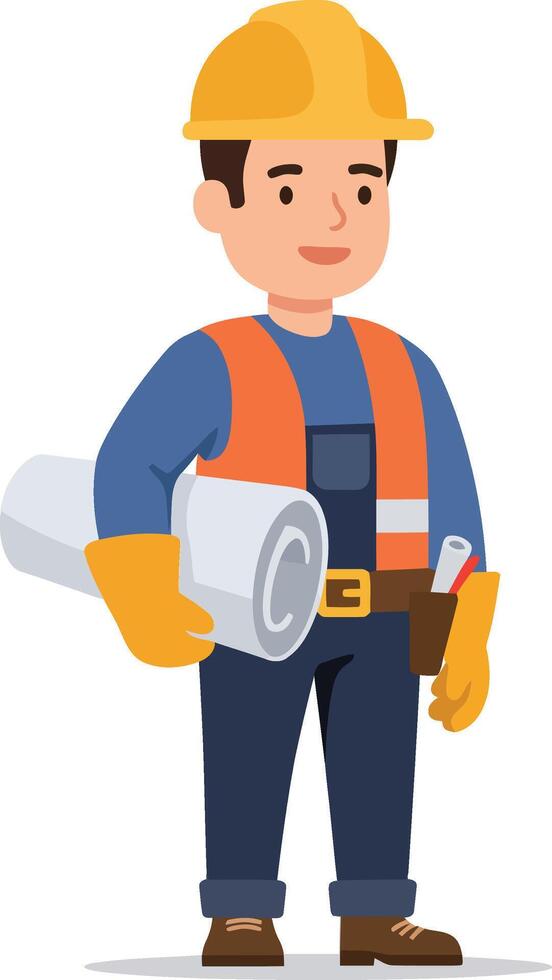 Construction worker holding blueprint wearing hard hat and safety gloves cartoon character illustration vector