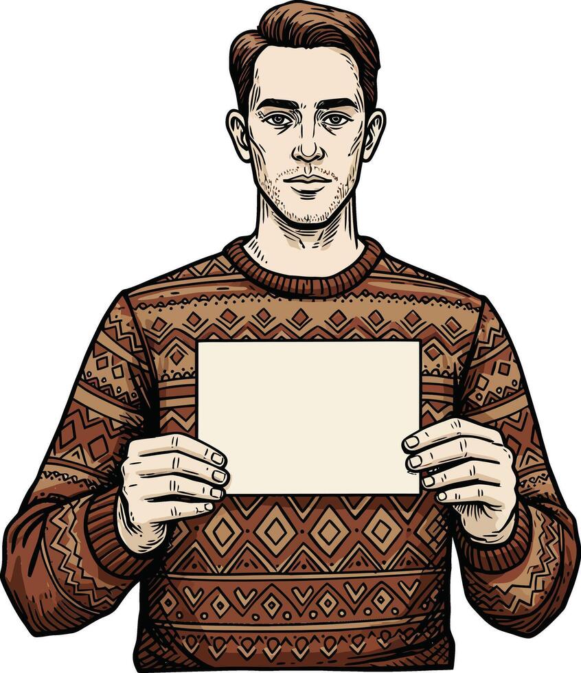 Man Wearing Patterned Brown Sweater Holding Blank Sign Front Facing Illustration Artwork vector