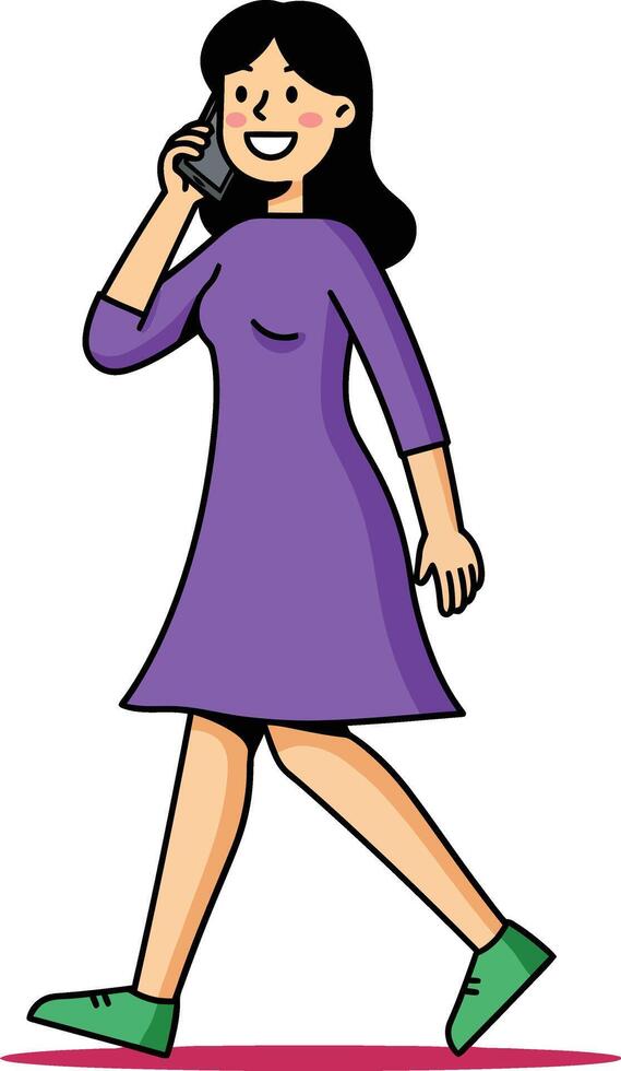 Woman walking while talking on phone in purple dress and green shoes casual lifestyle scene vector