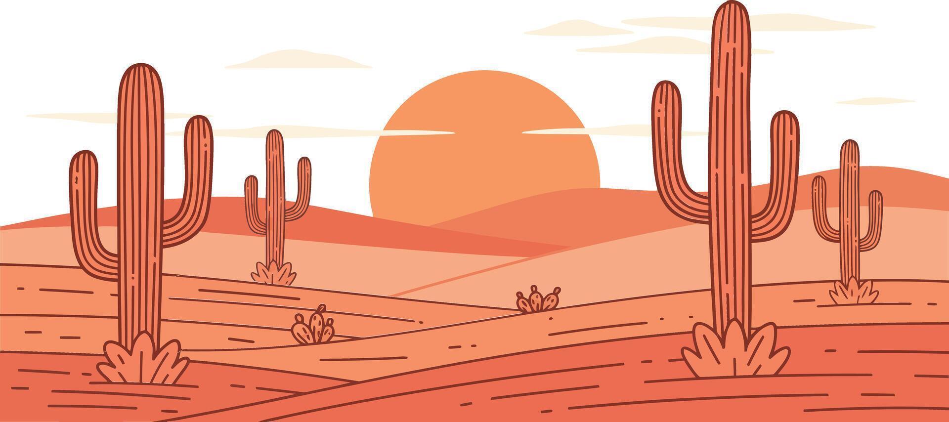 Desert landscape with tall cacti and setting sun in warm orange tones illustration vector