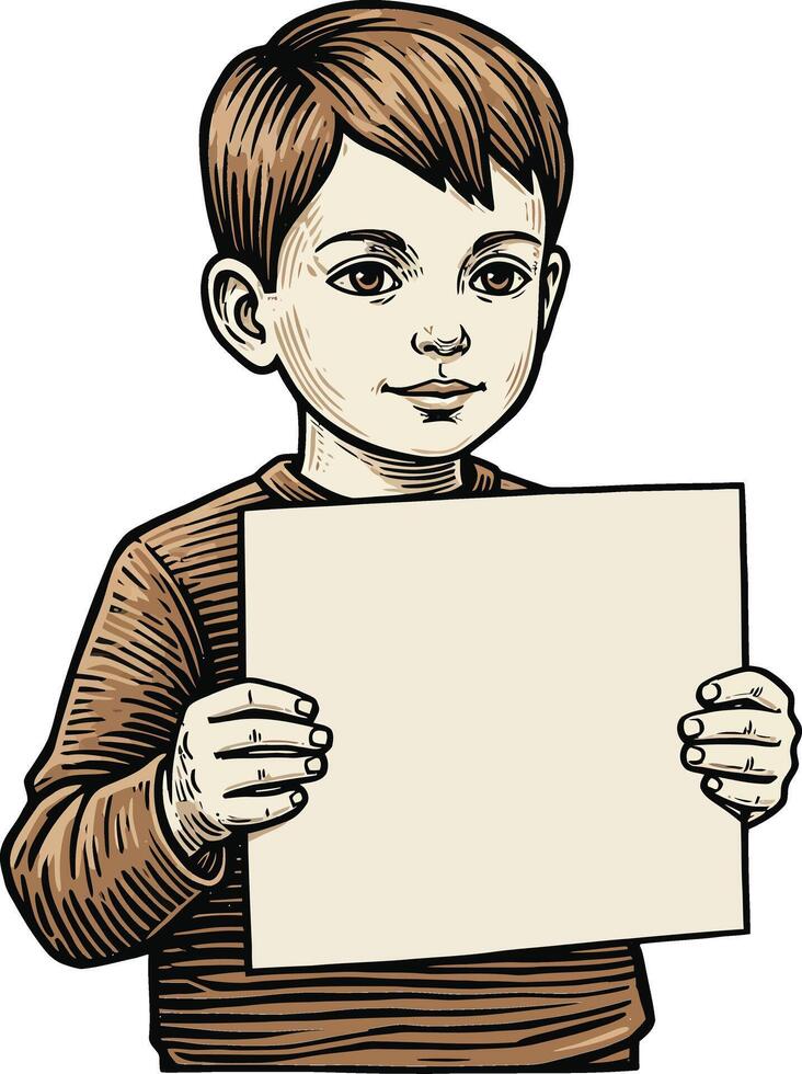 Young boy holding blank sign with brown shirt detailed drawing illustration art vector