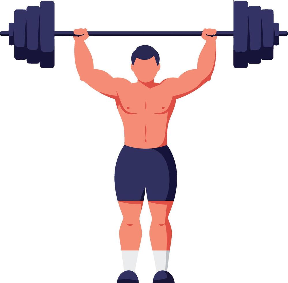 Male weightlifter performing overhead press exercise with heavy barbell in gym workout strength training vector