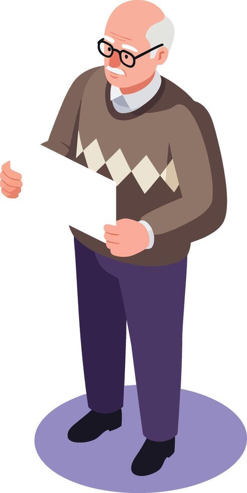 Elderly man with glasses reading document in casual sweater holding paper in standing pose vector