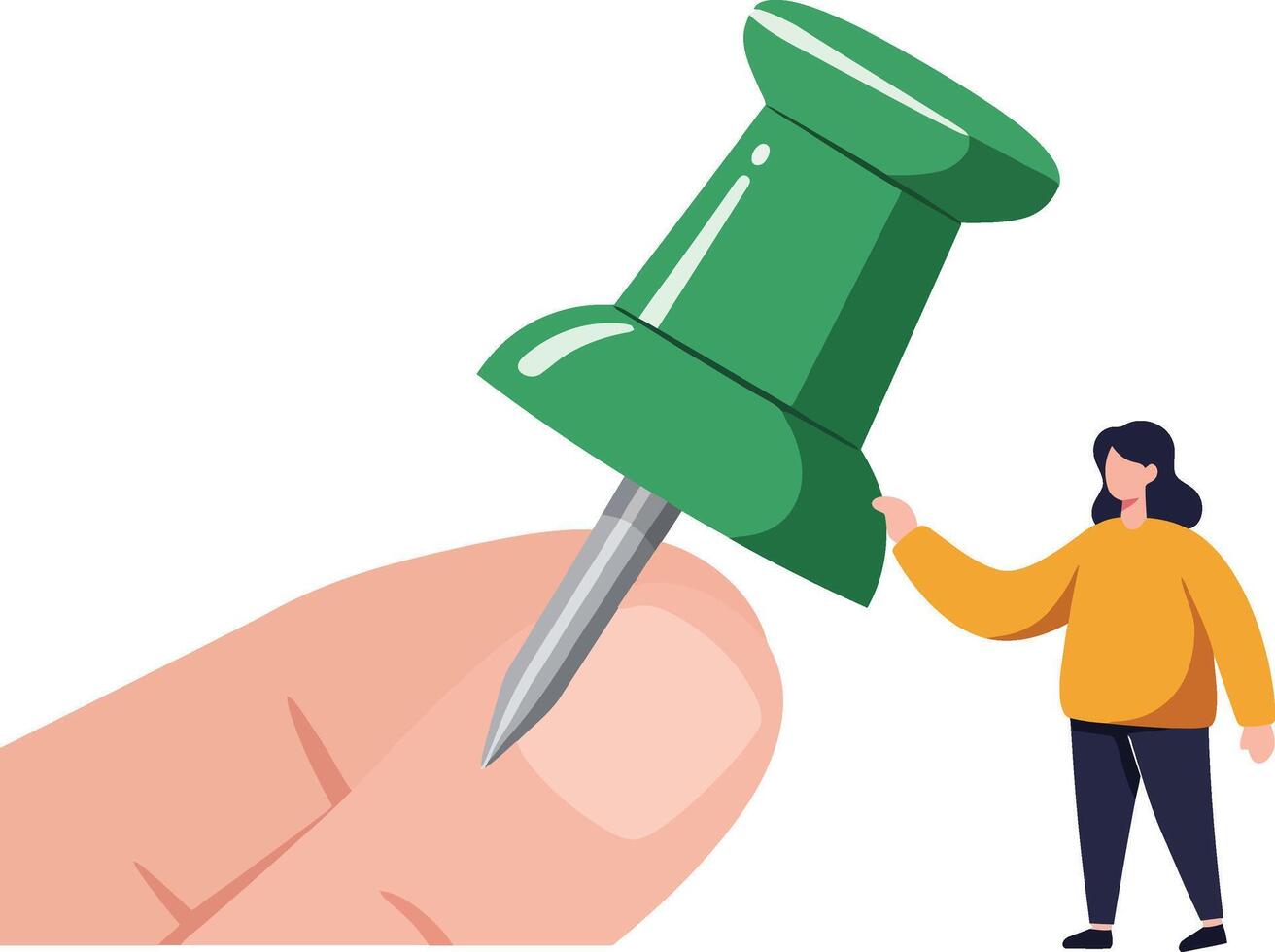 Giant green pushpin held by hand with small person standing beside it in yellow sweater and black pants vector