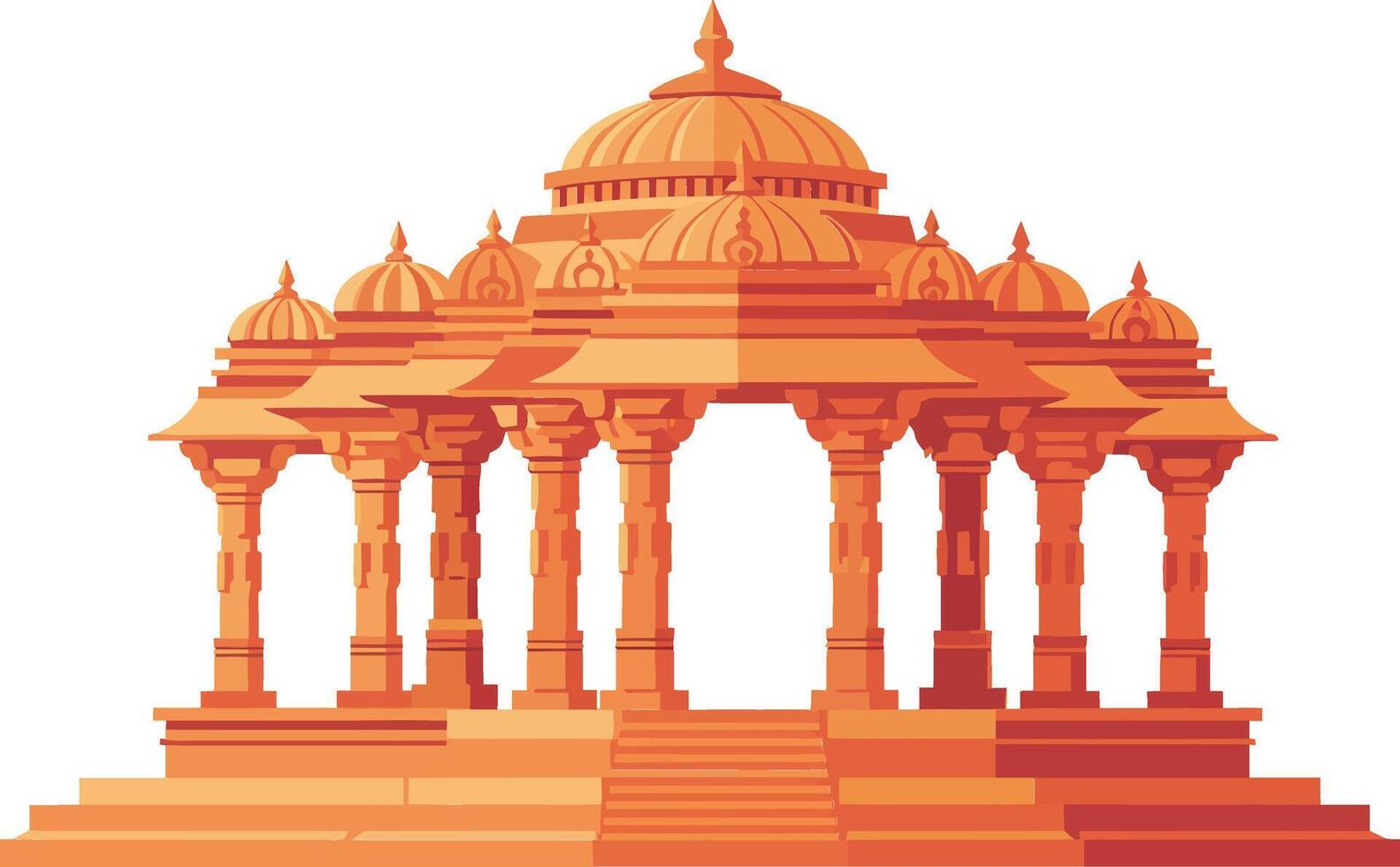 Ornate ancient Indian temple architecture with intricate pillars and grand dome structure in vibrant orange hues vector