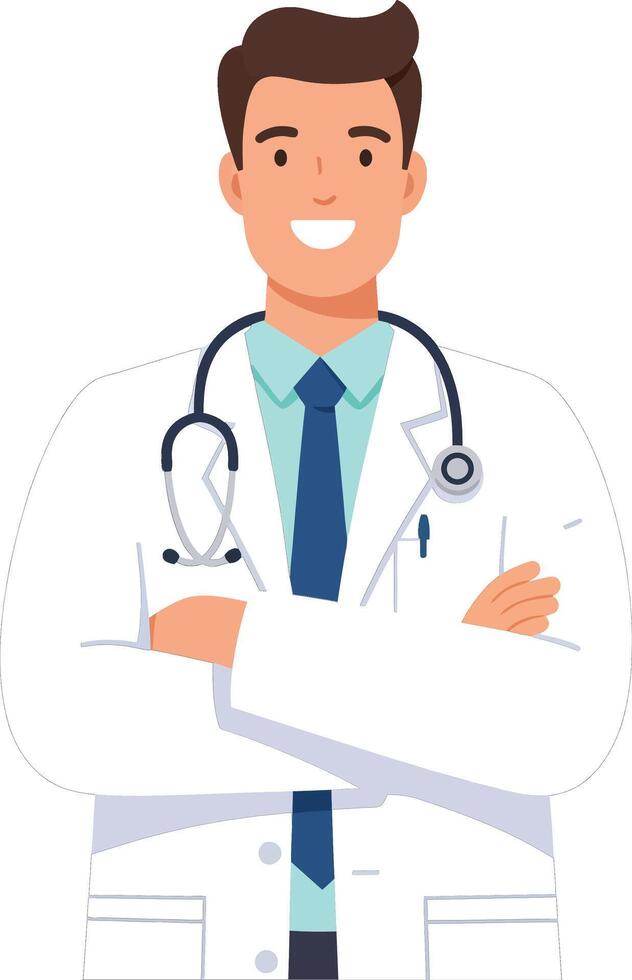 Male doctor with stethoscope and white coat smiling confidently in medical profession setting vector