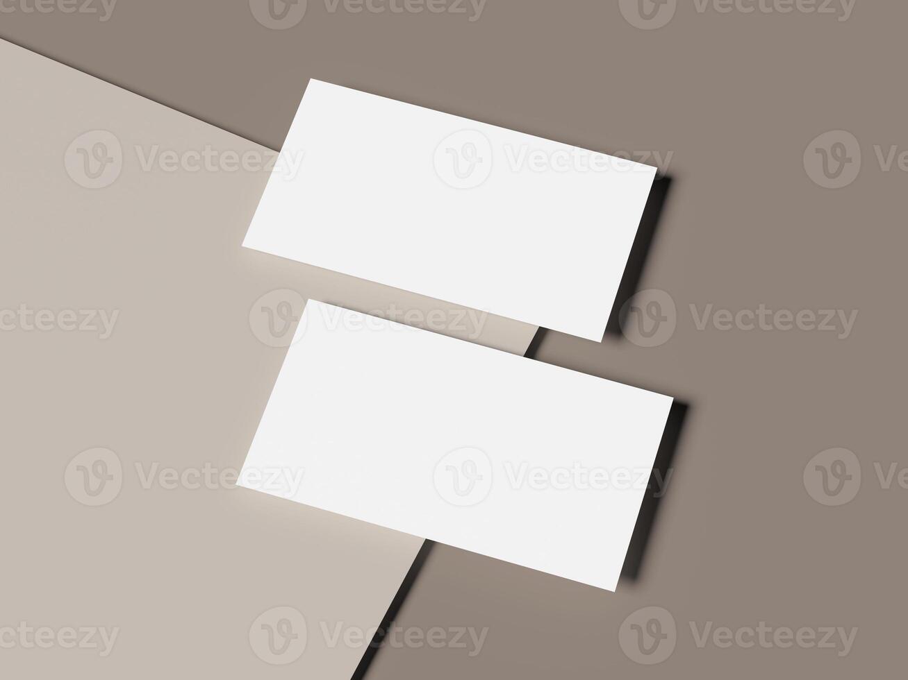 Floating white business cards on overlapping beige paper background photo