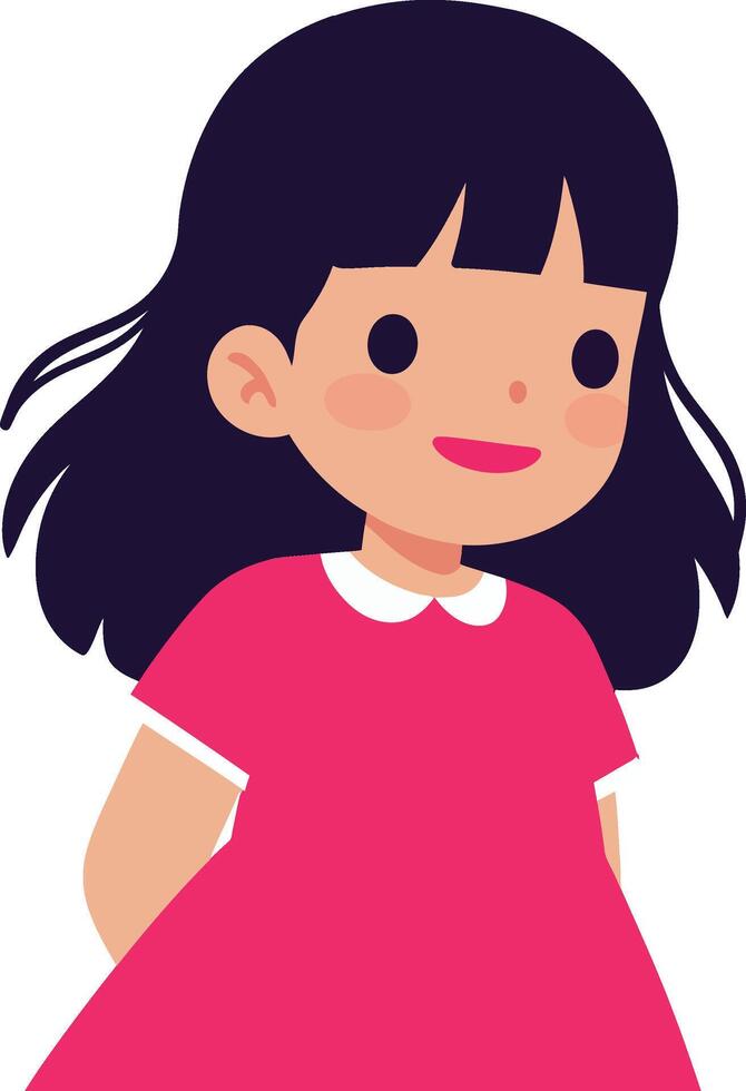 Little girl with dark hair wearing pink dress smiling happily cartoon illustration vector