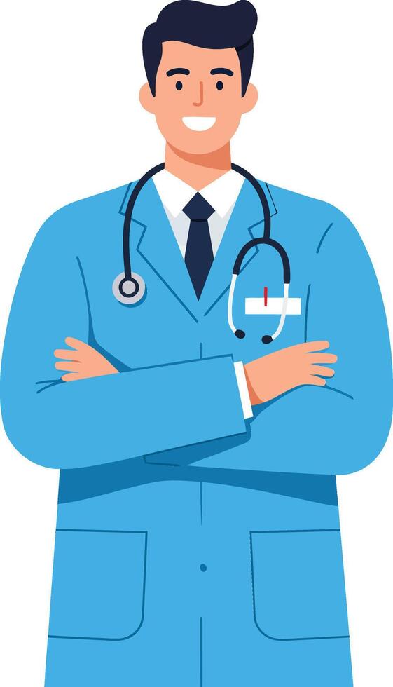 Male doctor in blue medical coat with stethoscope crossed arms smiling portrait illustration vector