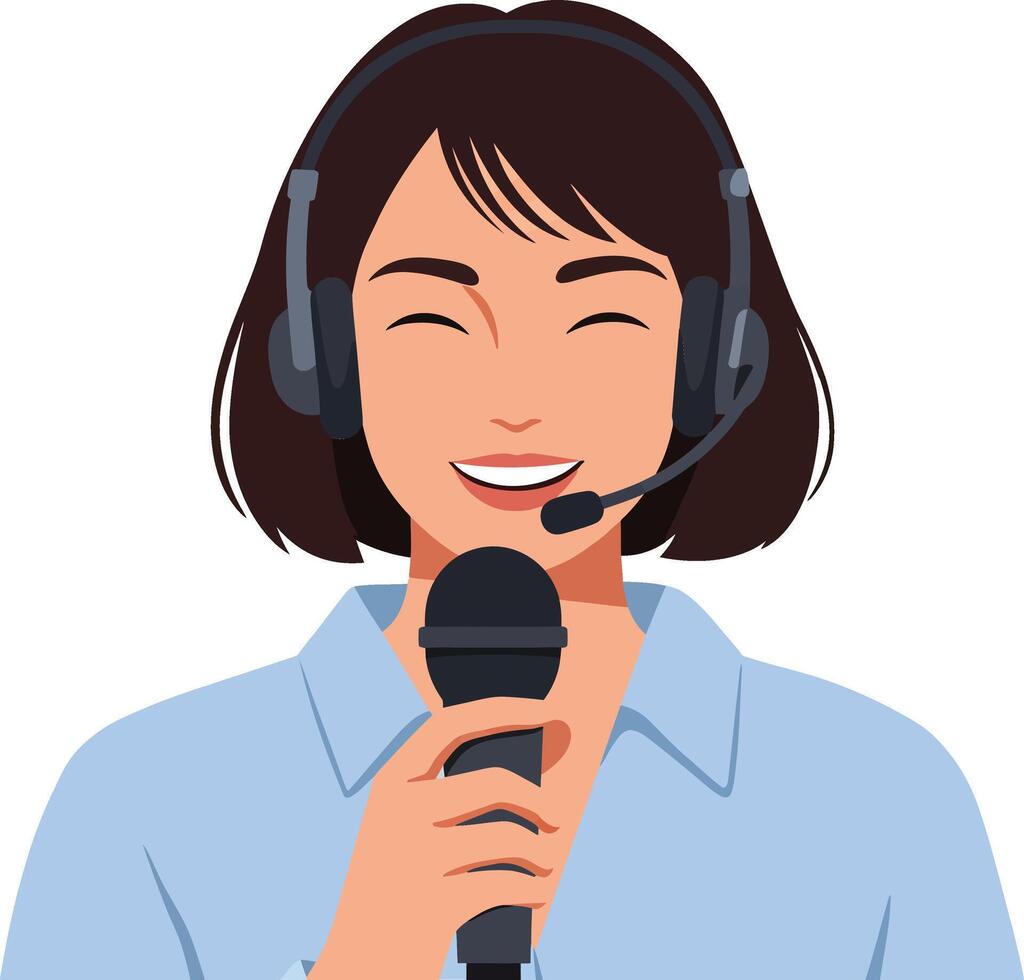 Woman with headset speaking into microphone during online communication session in light blue shirt vector