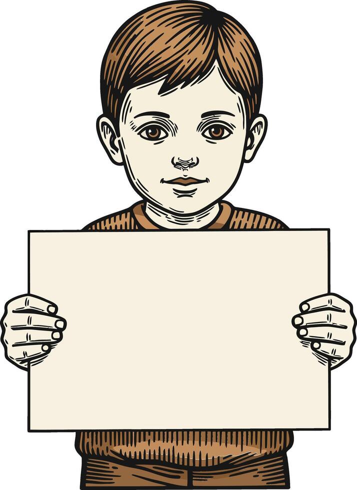 Young boy holding blank sign with neutral expression in detailed vintage style drawing illustration vector