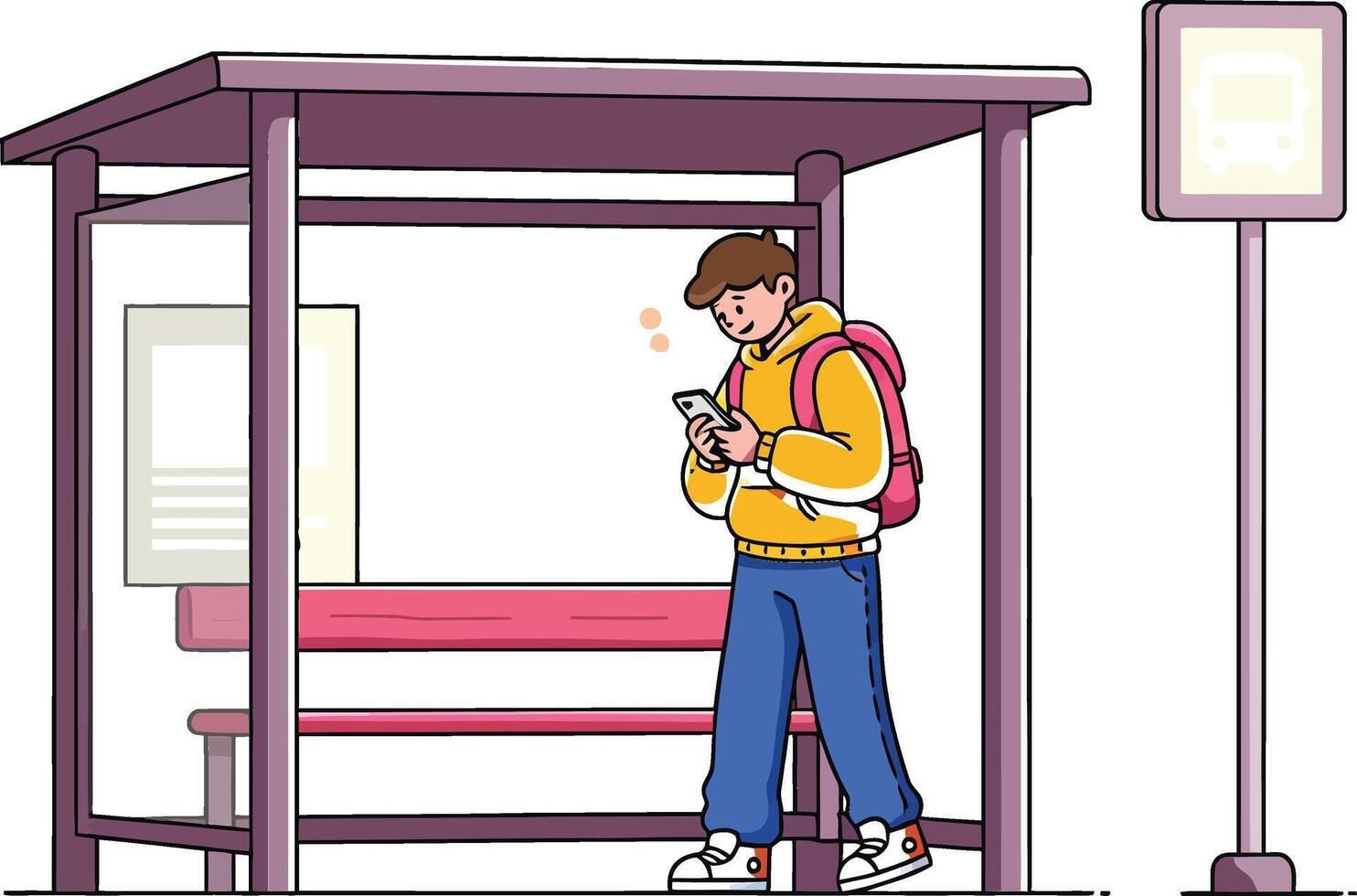 Young man standing at bus stop shelter with backpack using smartphone illustration vector