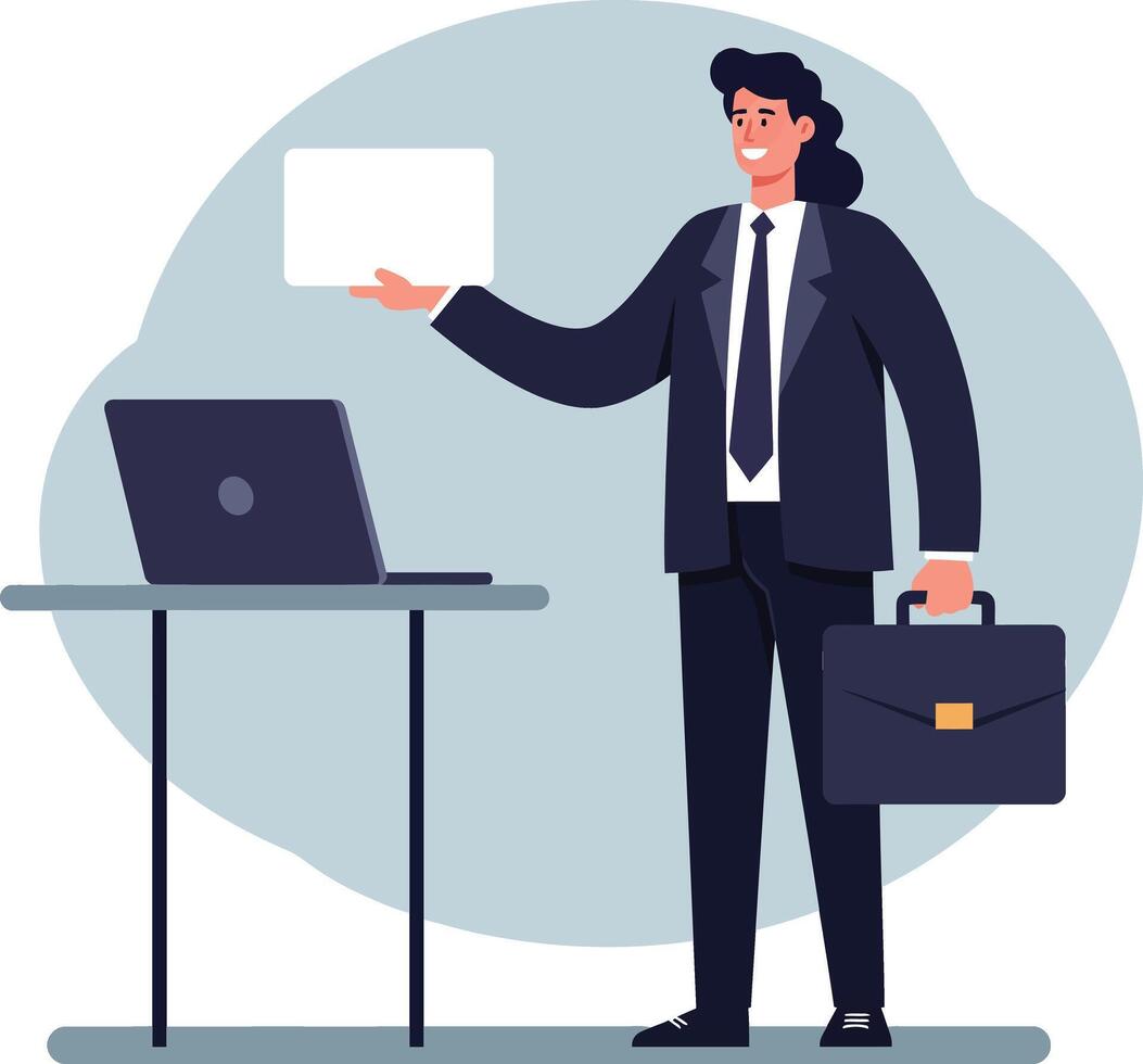 Businessman in formal suit holding briefcase and document standing near laptop on table in office environment vector