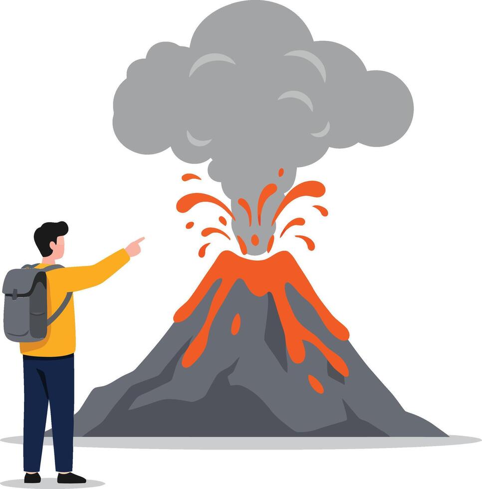 Man observing erupting volcano with flowing lava and smoke in natural landscape outdoor scene vector