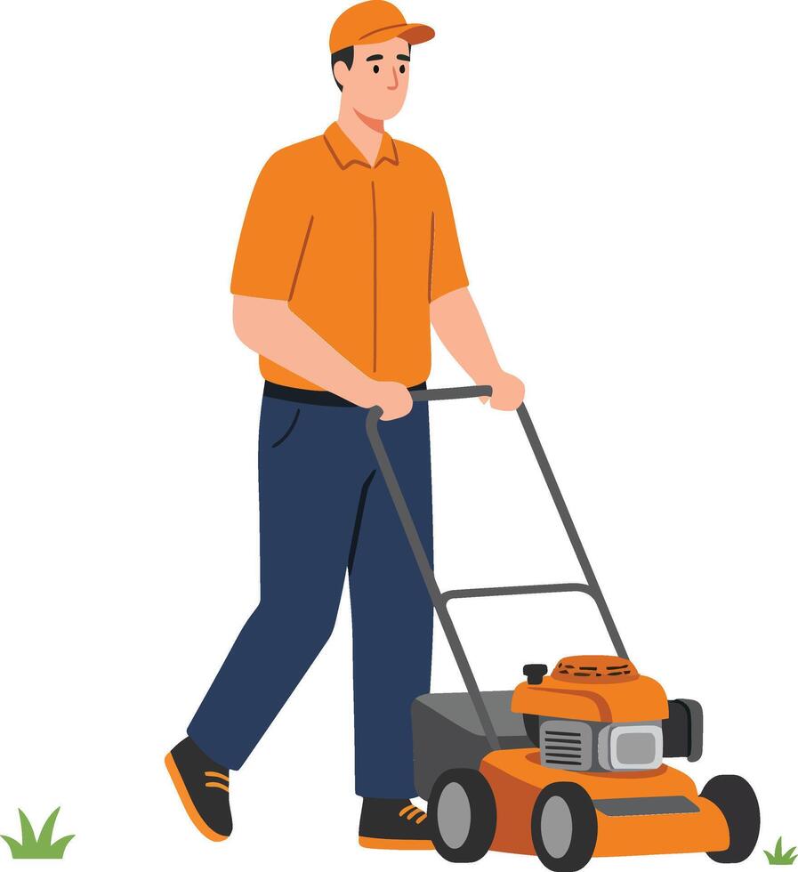 Man mowing lawn with orange mower in casual outfit outdoor gardening activity vector