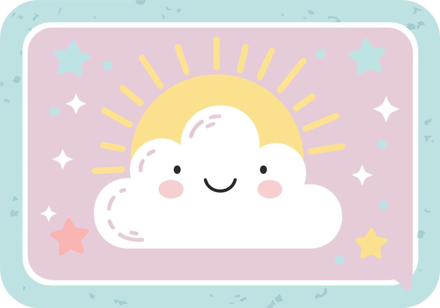 Cute smiling cloud with sun rays and pastel stars in blue frame cheerful illustration vector
