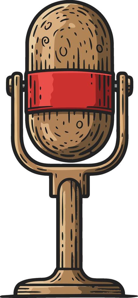 Vintage microphone design with red band and wooden stand art illustration vector