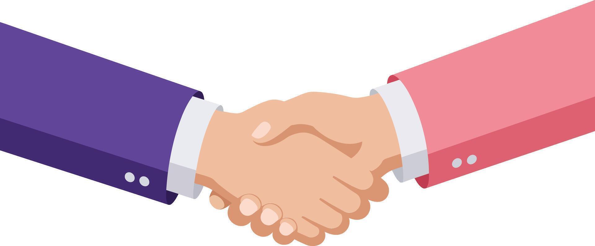 Business handshake between two people wearing purple and pink suits representing agreement and cooperation in partnership deals vector