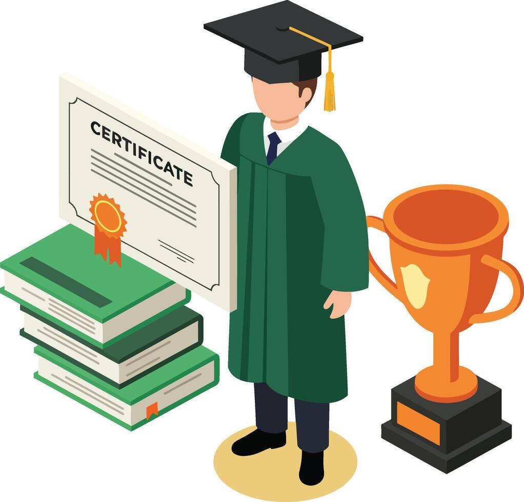 Graduate student in cap and gown holding certificate with books and trophy celebrating education success illustration vector