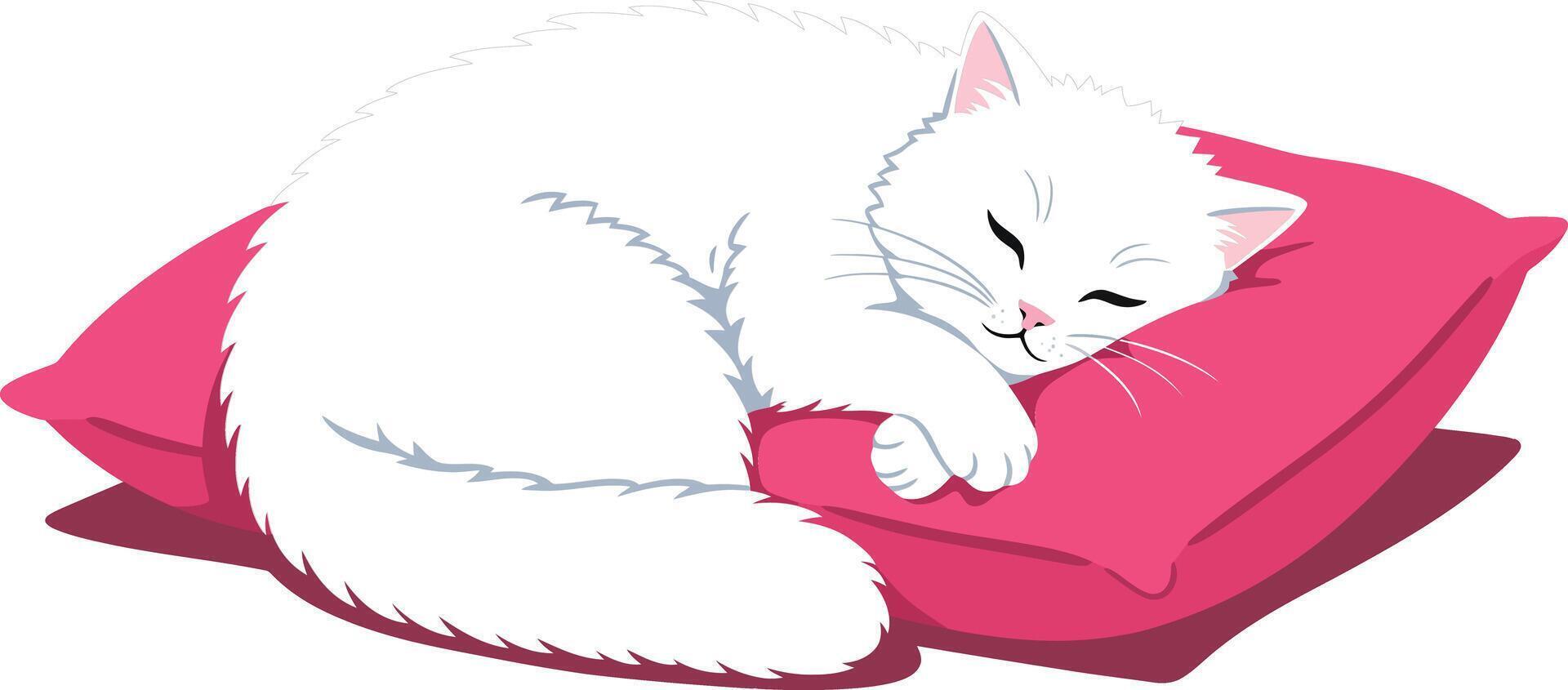 White cat peacefully sleeping on bright pink pillow in cozy resting position calm and serene pet illustration vector