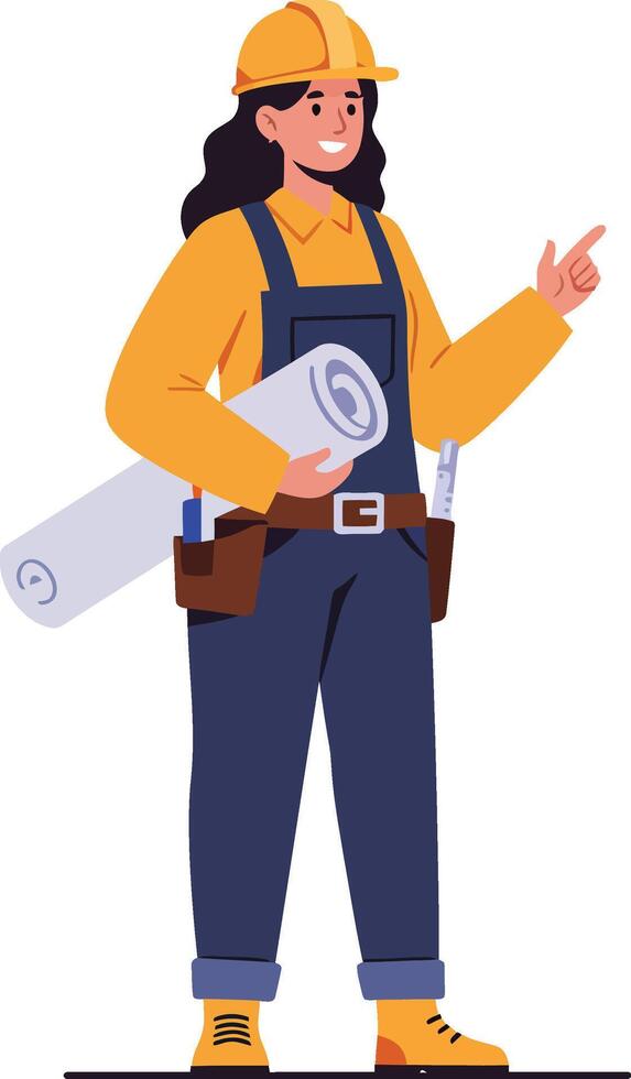 Female construction worker with blueprints and safety helmet pointing direction in yellow outfit and boots vector