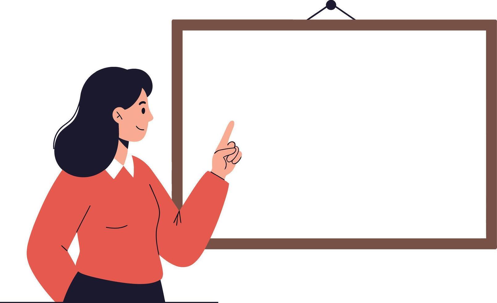 Woman pointing at blank whiteboard presenting ideas in red blouse and black hair cartoon illustration vector