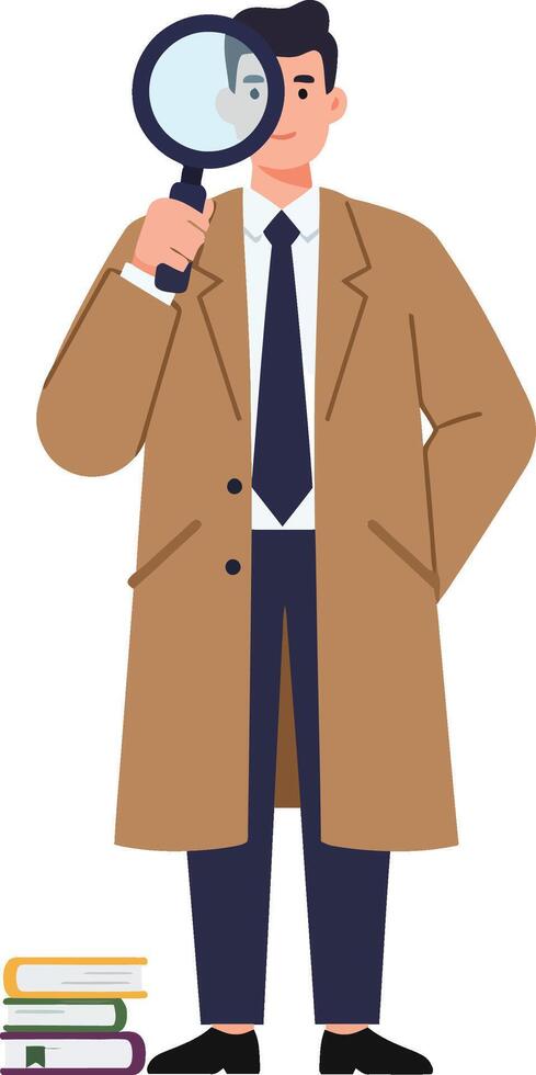 Man in brown trench coat using magnifying glass for investigation and research with books on floor vector