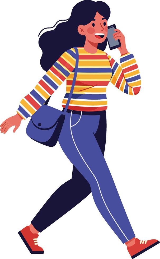 Woman walking and talking on phone wearing striped sweater with crossbody bag and red shoes vector