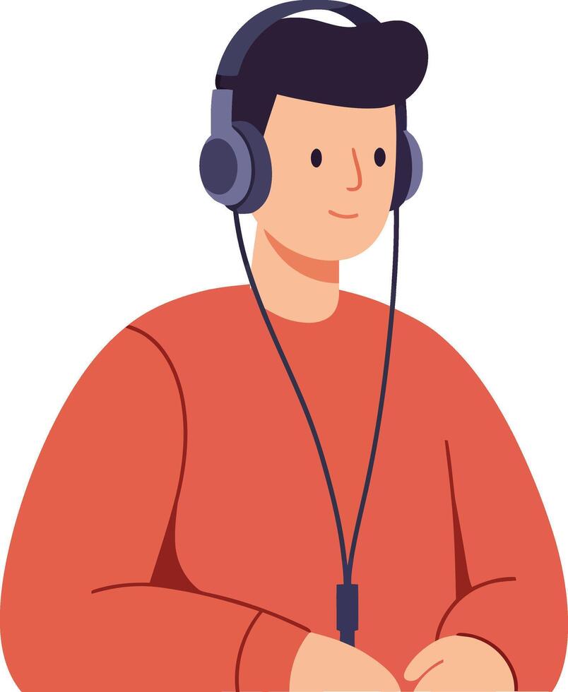 Young man wearing headphones enjoying music with red sweater and calm expression digital illustration vector