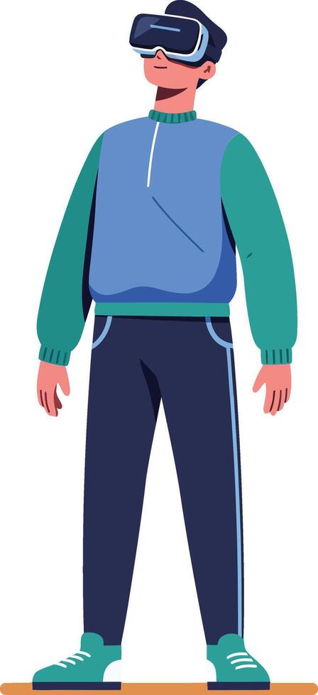 Young man wearing virtual reality headset enjoying immersive digital experience with casual sportswear and sneakers vector