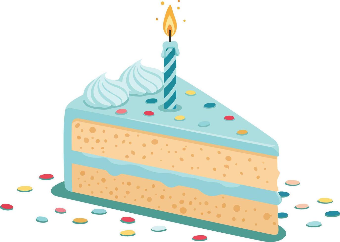 Birthday cake slice with blue frosting and single lit candle illustration for celebration and party design vector