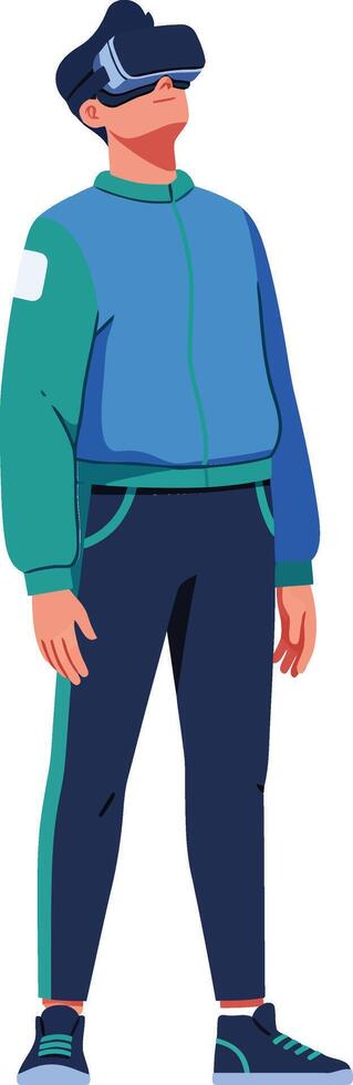 Man wearing virtual reality headset and casual sportswear exploring immersive digital environment in modern technology scene vector