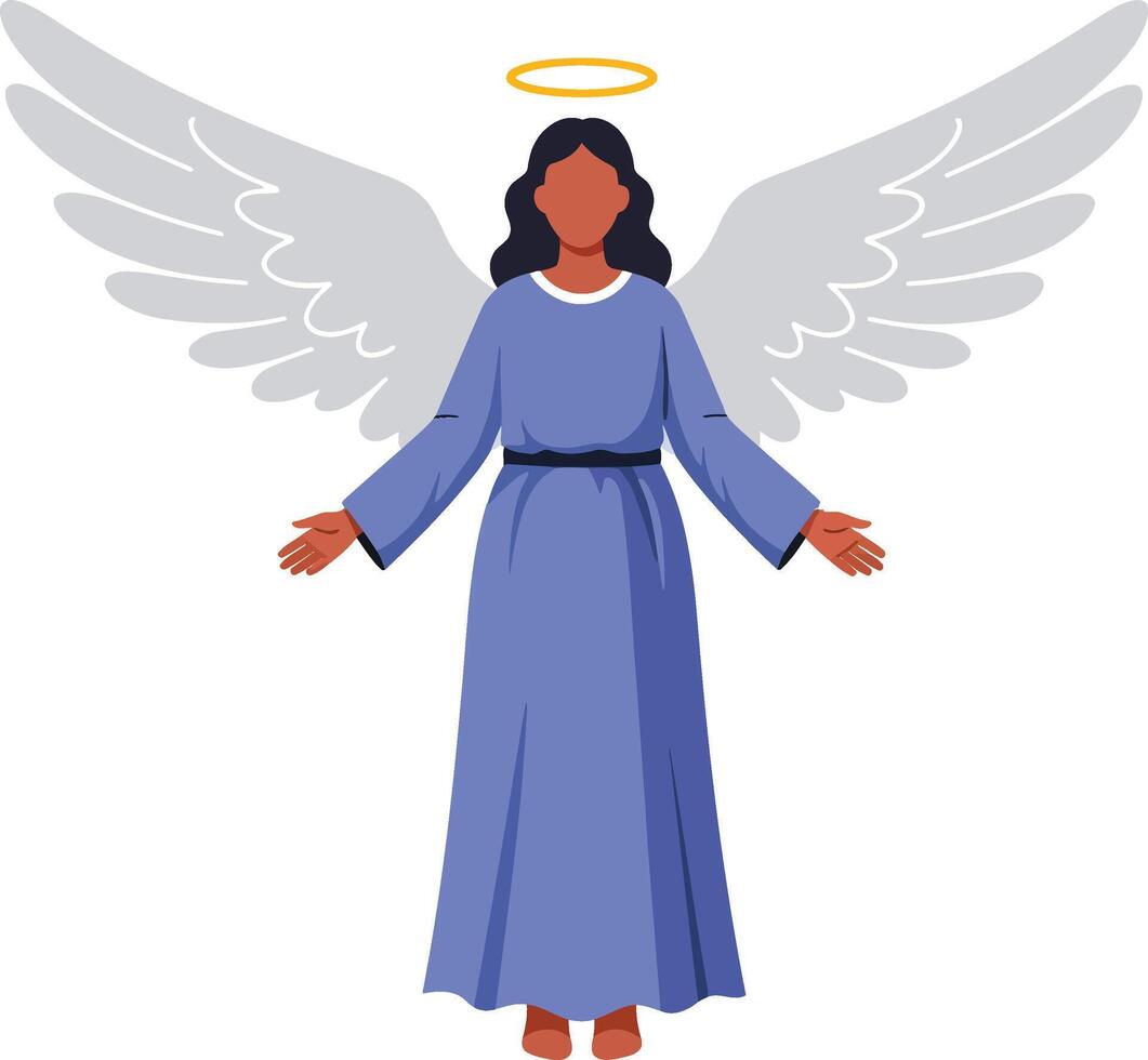 Angelic figure with blue robe and white wings floating with golden halo spiritual illustration vector