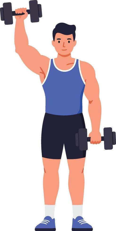 Young man lifting dumbbell in blue tank top and black shorts exercising indoors for fitness and strength training vector