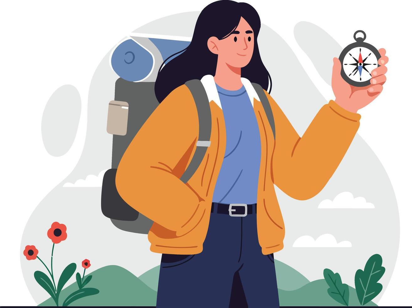 Female hiker exploring nature with backpack and compass for outdoor adventure and navigation in casual outfit vector
