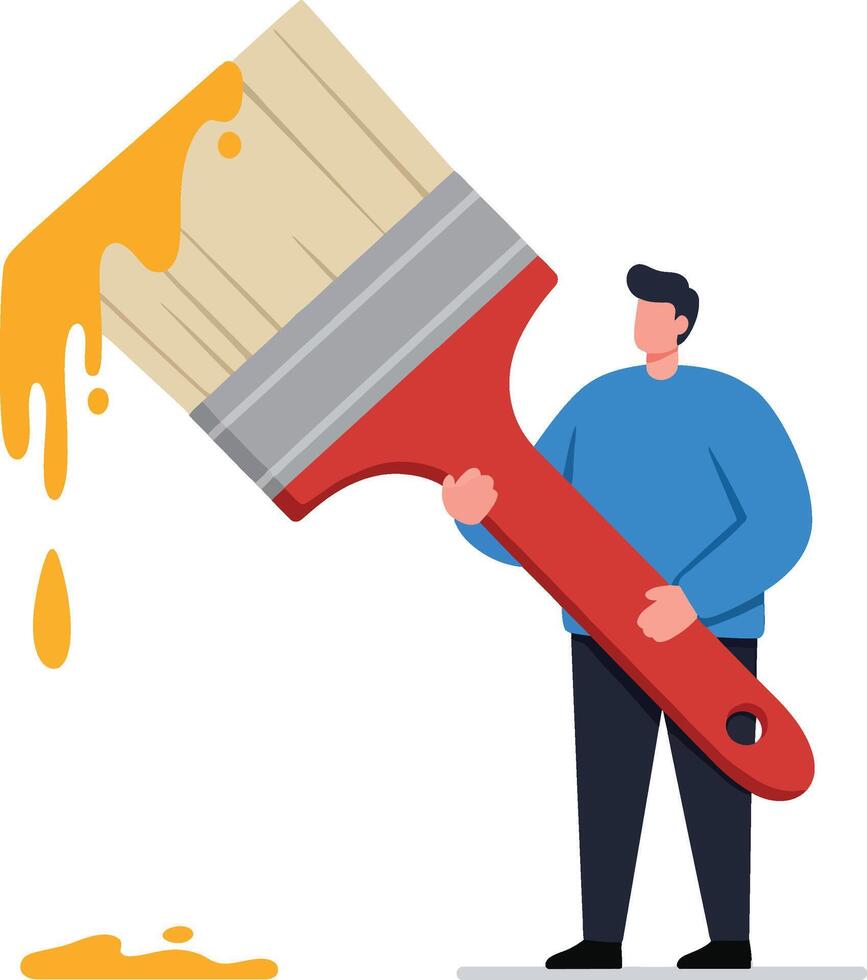 Man holding large paintbrush dripping orange paint in minimalistic style digital illustration vector