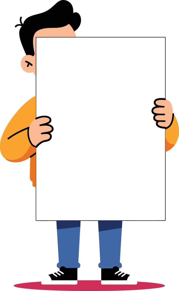 Young person holding blank white poster board with orange shirt and blue jeans illustration portrait style vector