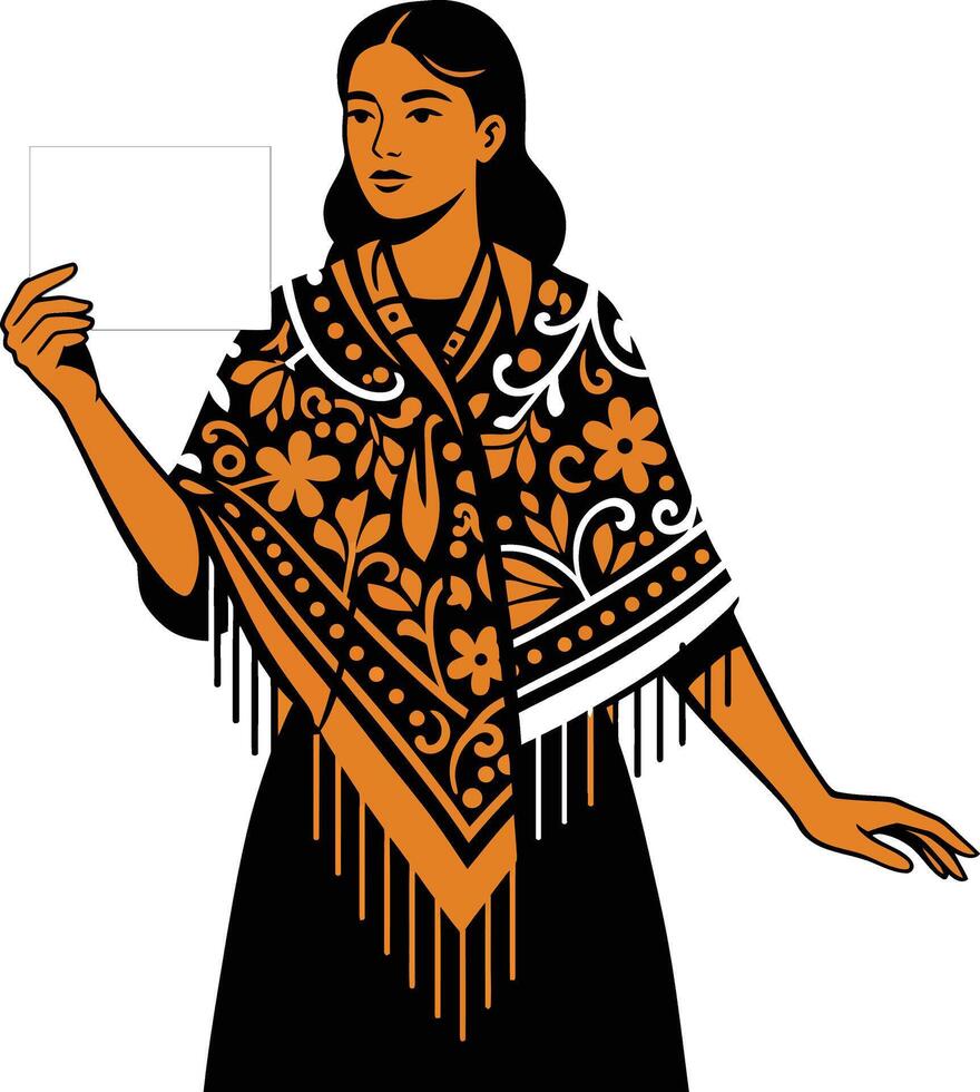 Woman wearing black dress with floral patterned orange and white shawl standing in pose illustration vector