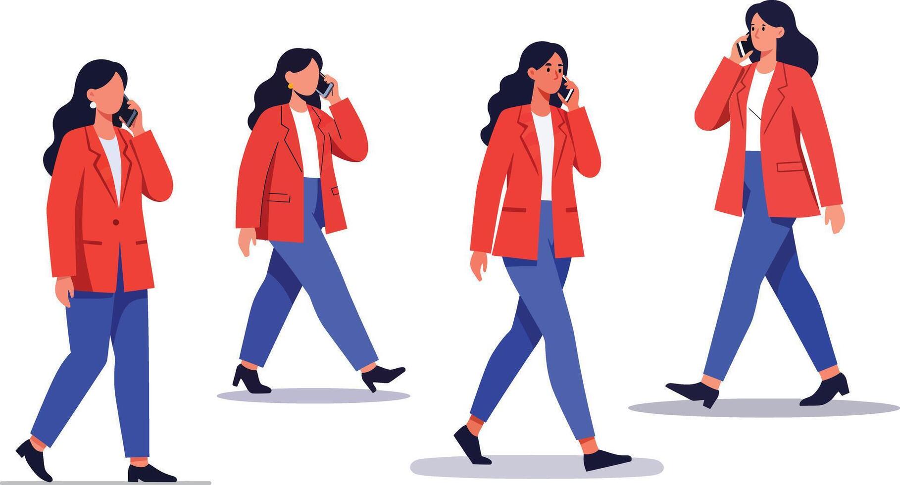 Woman in red jacket walking and talking on phone with blue pants casual style digital illustration vector